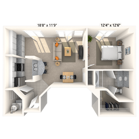 Floor plan for 1 bed, 1 bath, 763 sqft